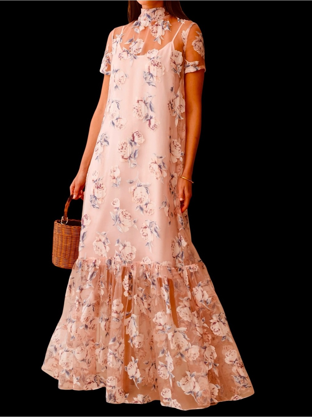 Rare Caara Few Moda Melody Dress Antique Rose Floral Peach Pink Overlay NWT